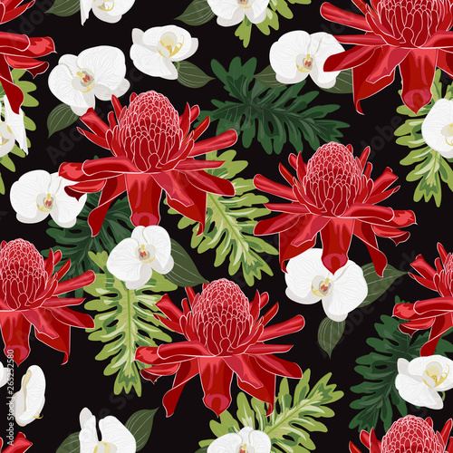Red torch ginger seamless pattern with white orchid on black background