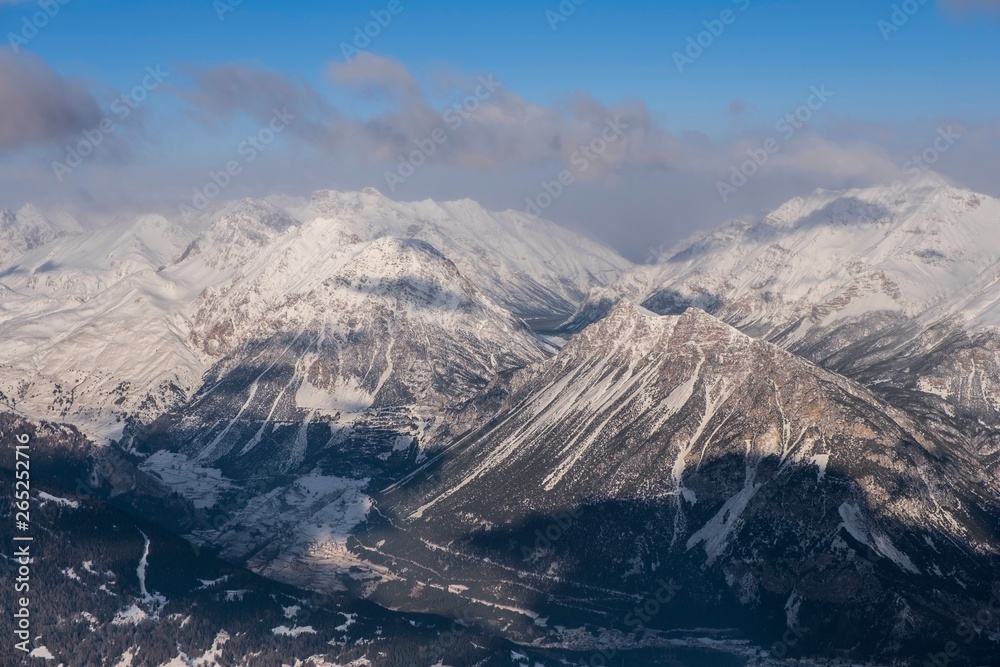 Bormio in Italian Alps. Ski resort on slopes of Cima Bianca.