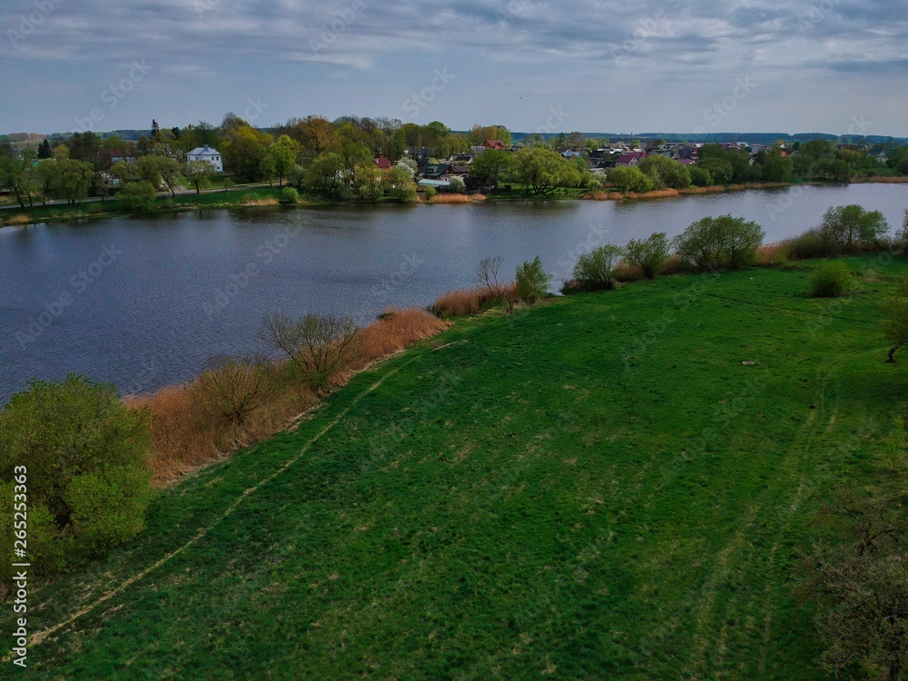 Aerial view of the pond in Nesvizh Park, Minsk Region, Belarus
