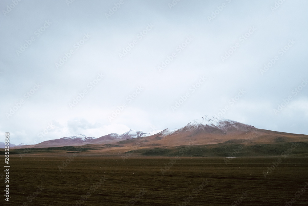 Bolivia. Landscape of desert, snow mountains and volcanoes.