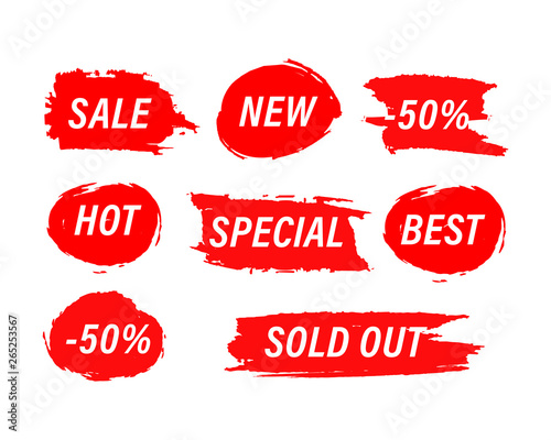 Red Blots stains of new tag label. Sale price promotion disctount sticker banner watercolor paint handdrawn style.