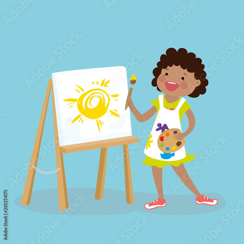 Cute kid girl painter,happy female child character with with a brush and paints