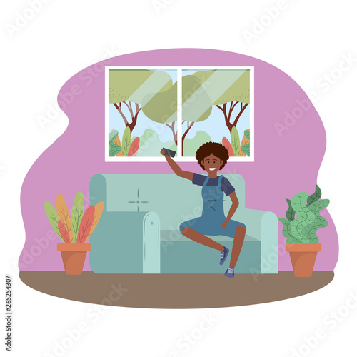 Millenial person sitting using smartphone indoors background frame