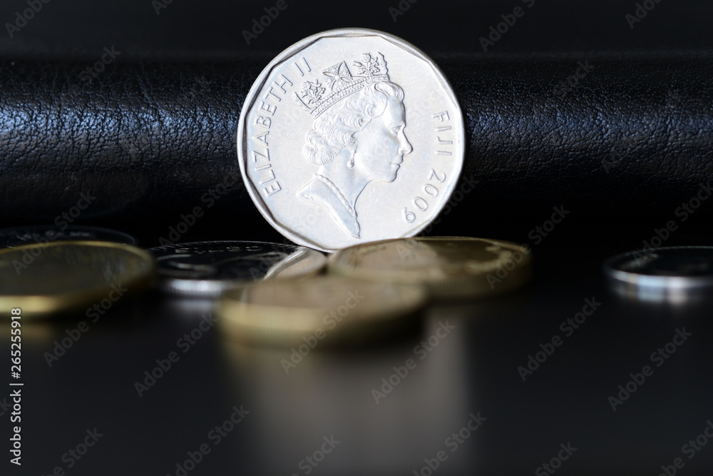 Fifty fijian cents on a dark background close up
