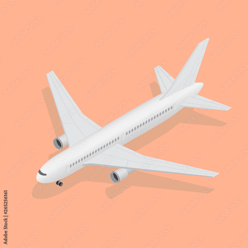 3d isometric plane, high quality transport. Flight of the plane in the sky. Passenger airplane, sunny weather. Color flat icons. Vector illustration