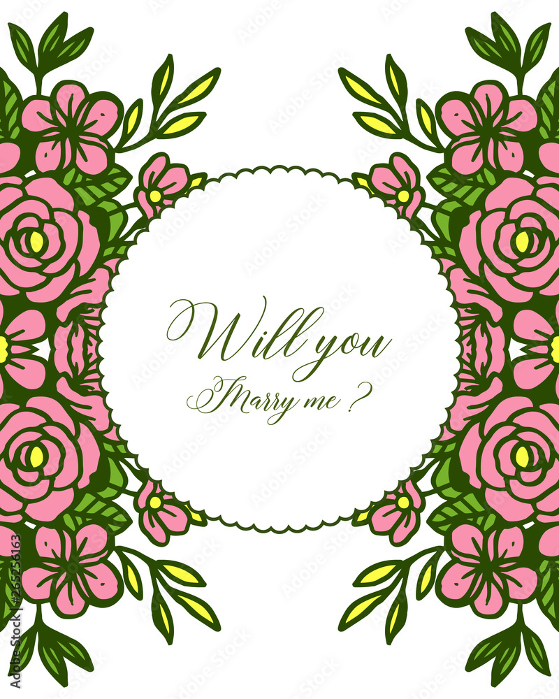 Vector illustration pink rose wreath frame for letter will you marry me