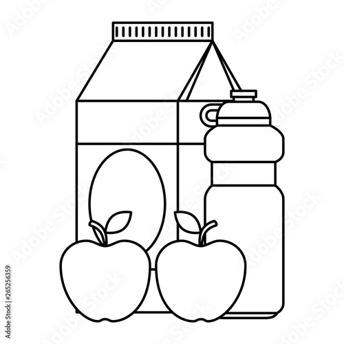milk box with apples and water
