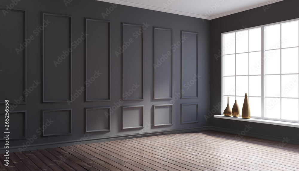 Φωτογραφία 3d rendering illustration of big black room interior corner with big french windows, golden vases on sill and hardwood floor