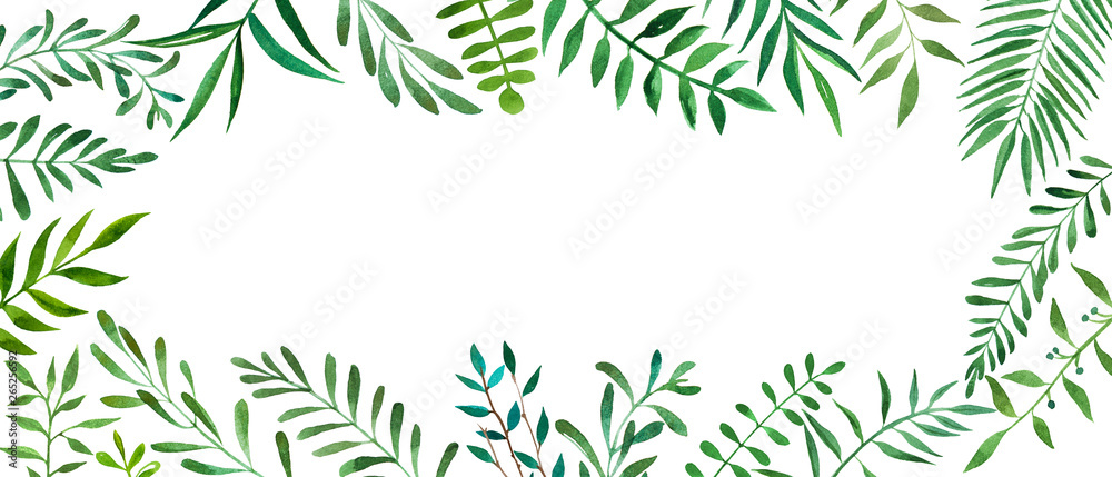 Hand drawn watercolor illustration of green plants. Decorative frame for branding, invitations, greeting card. Isolated on white copyspace. Ecology, environment protection, greenery saving template. 