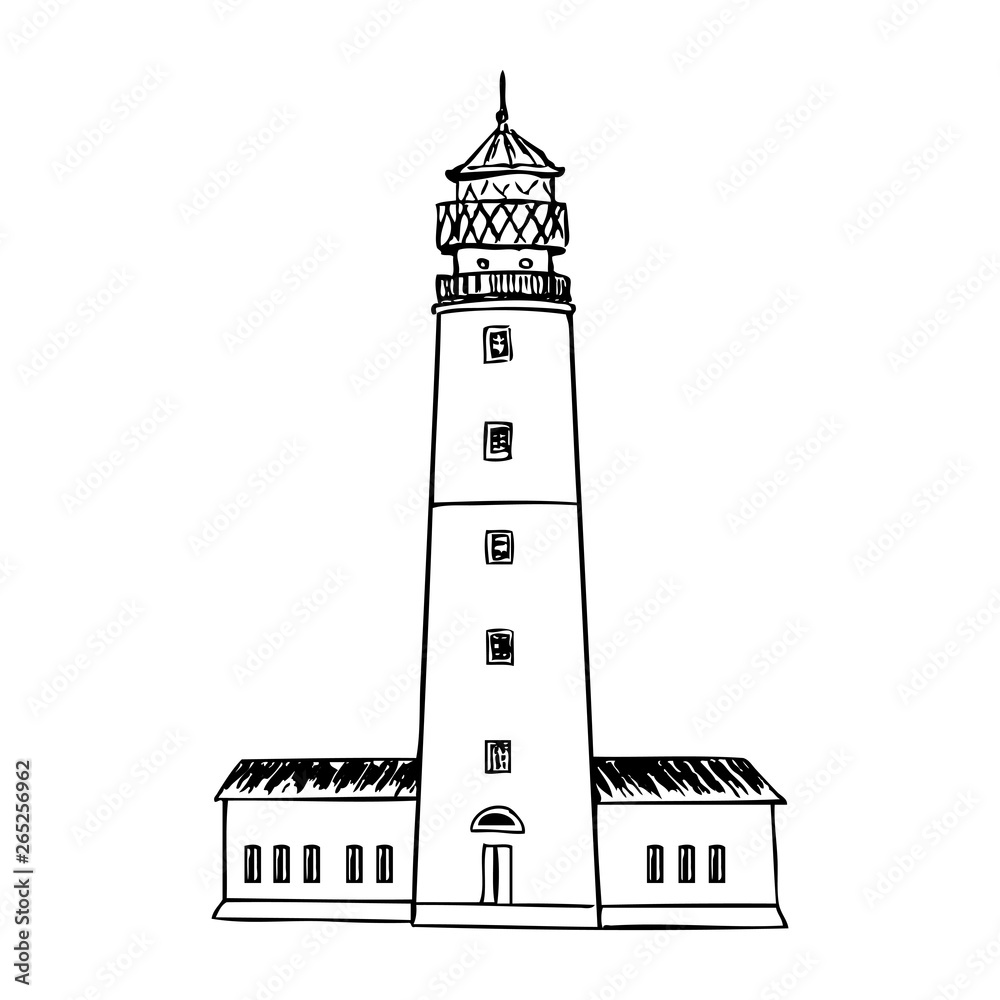 Baltiysk Lighthouse, Landmark Kaliningrad region, Russia, hand drawn ink vector illustration sketch, engraving tower of vintage style, decorative building for design touristic card, template house
