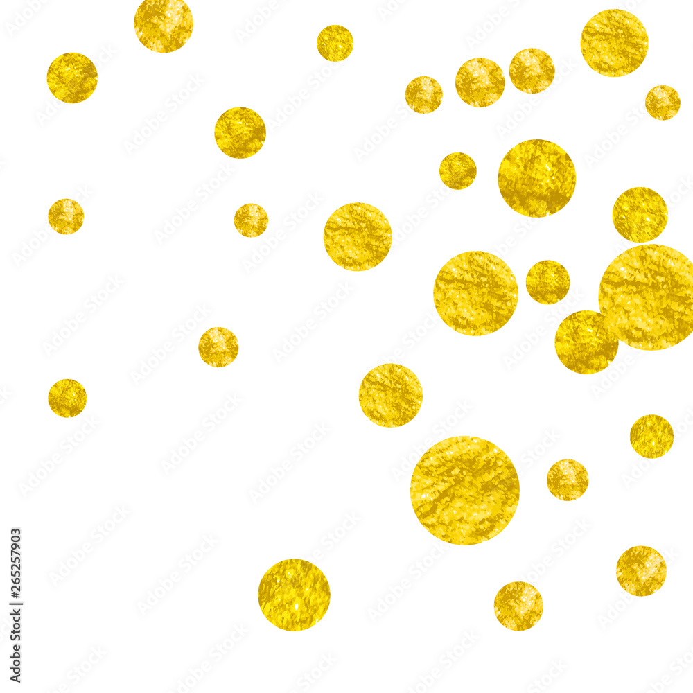 Gold glitter dots confetti on isolated backdrop. Random falling sequins with glossy sparkles. Design with gold glitter dots for party invitation, banner, greeting card, bridal shower.
