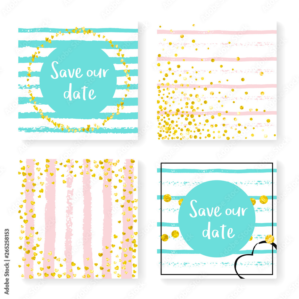 Wedding glitter confetti on stripes. Invitation set. Gold hearts and dots on pink and mint background. Template with wedding glitter for party, event, bridal shower, save the date card.