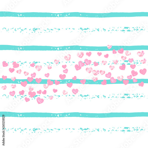 Pink glitter confetti with hearts on turquoise stripes. Shiny random falling sequins with sparkles. Design with pink glitter confetti for party invitation, event banner, flyer, birthday card.