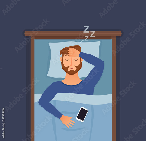 Sleeping man face cartoon character happy guy have a sweet dream