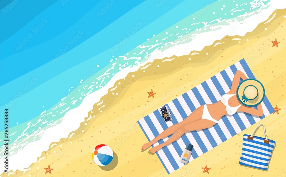 women lying on beach and sunbathing with summer accessories and sea surf near them. Vector illustration in flat style women lying on beach and sunbathing with summer accessories and sea surf near them. Vector illustration in flat style