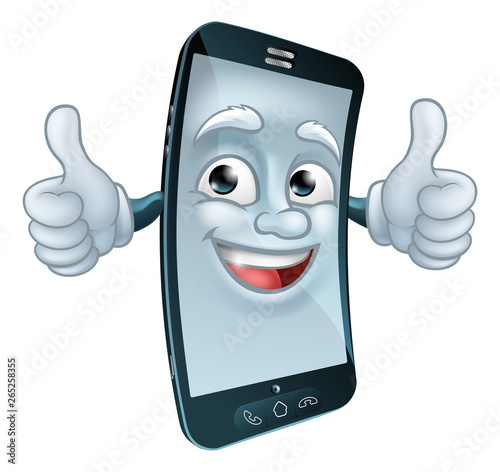 A mobile phone cell mascot cartoon character giving a thumbs up graphic illustration