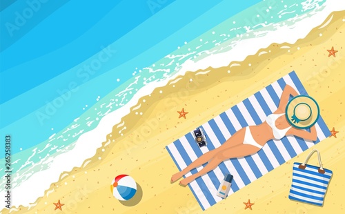 women lying on beach and sunbathing with summer accessories and sea surf near them. Vector illustration in flat style