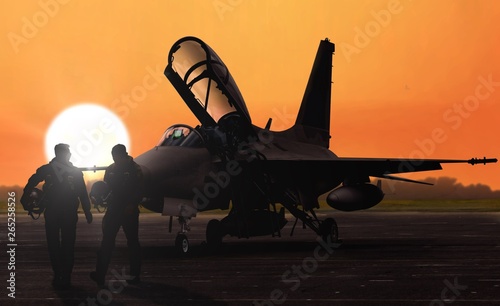 Fotografia Jet fighter pilots silhoutte at dusk sunset on military base airfield