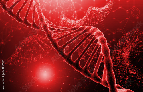 DNA molecule structure on red texture background. Biochemistry concept