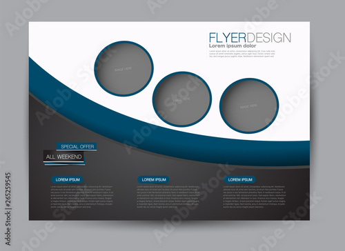 Landscape wide flyer template. Billboard banner abstract background design. Business, education, presentation, advertisement concept. Blue and black color. Vector illustration.