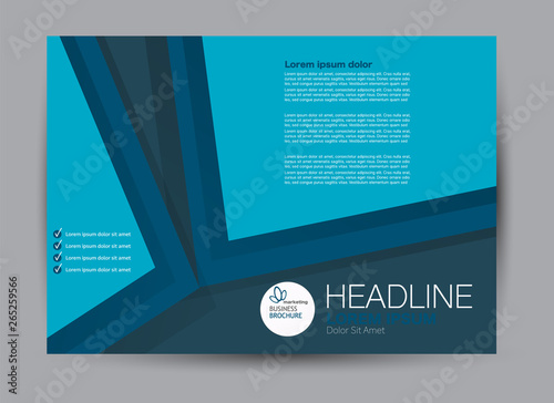 Landscape wide flyer template. Billboard banner abstract background design. Business, education, presentation, advertisement concept. Blue color. Vector illustration.