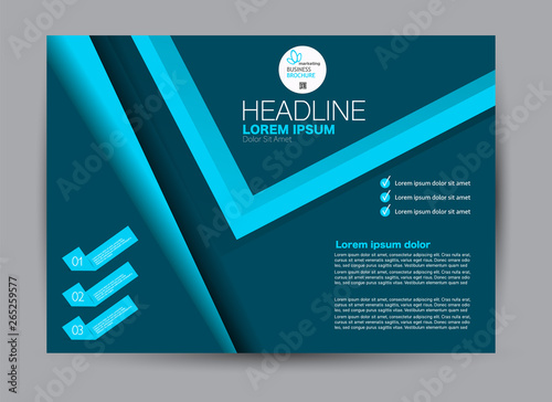 Landscape wide flyer template. Billboard banner abstract background design. Business, education, presentation, advertisement concept. Blue color. Vector illustration.