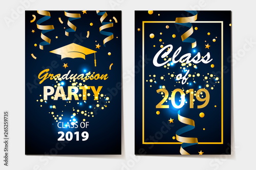 Graduation party invitation card with golden confetti  glitter  graduation cap  and black background  vector illustration.
