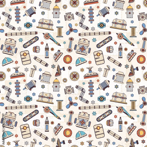 Industrial spare parts of machines and mechanisms seamless pattern. Doodle style. Vector illustration.