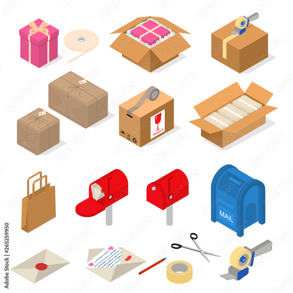Post Office Packing Sign 3d Icon Set Isometric View. Vector