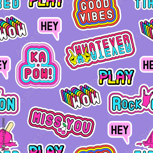 Seamless pattern with word patches "Whatever”, “Ka-pow””, “Hey”, “Wow”, “Rock On”, “Tired”, “Good vibes”, etc. Purple background.