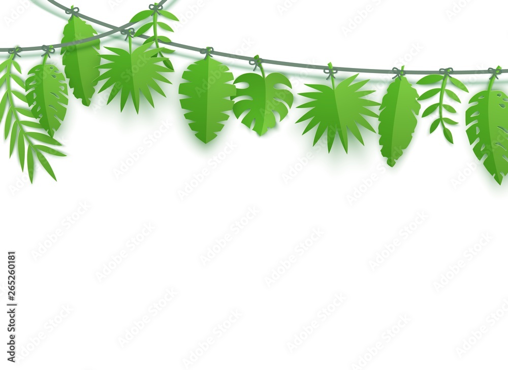 Summer tropical leaves garland in paper cut style. Craft jungle plants collection hanging on a rope on white background. Creative vector card illustration template for Hawaiian party invitation Summer tropical leaves garland in paper cut style. Craft jungle plants collection hanging on a rope on white background. Creative vector card illustration template for Hawaiian party invitation