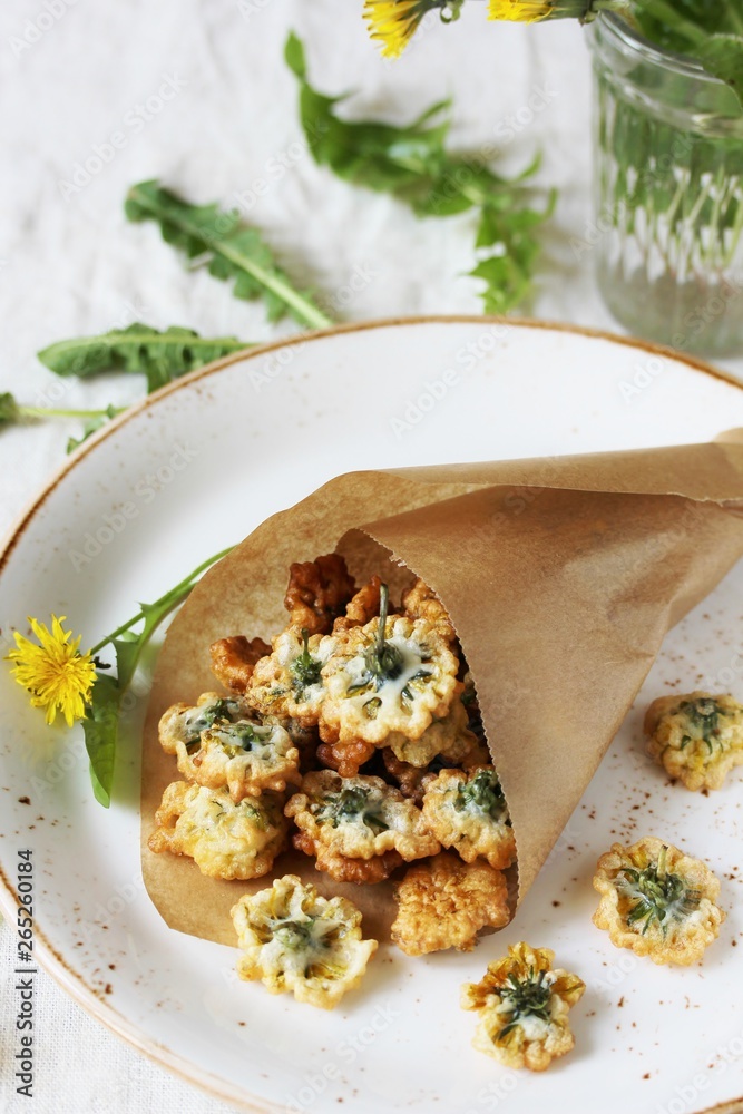 dandelion flowers fried in deep fried. Recipes from dandelion. organic healthy food. spring recipe. dishes from the first green. dandelion flowers fried in deep fried. Recipes from dandelion. organic healthy food. spring recipe. dishes from the first green.