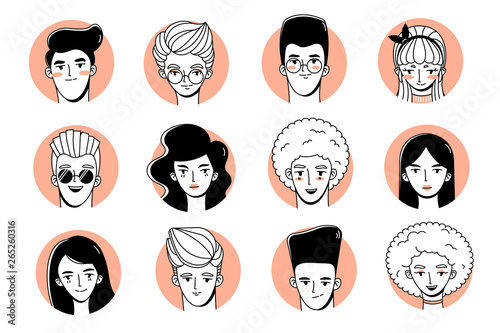 Set of portraits of avatars of young women and men.