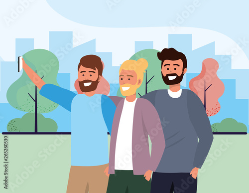 Millenial diverse group taking selfie cityscape background