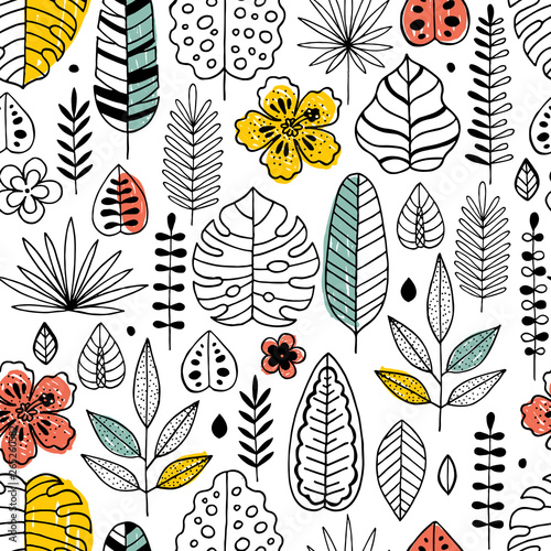 Tropical leaves fabric seamless pattern. Linear graphic. Tropical background. Scandinavian style. Vector illustration