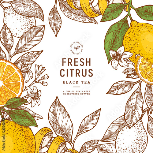 Citrus frame design template. Engraved style illustration. Orange, flowers, lemon, tangerine. Vector illustration