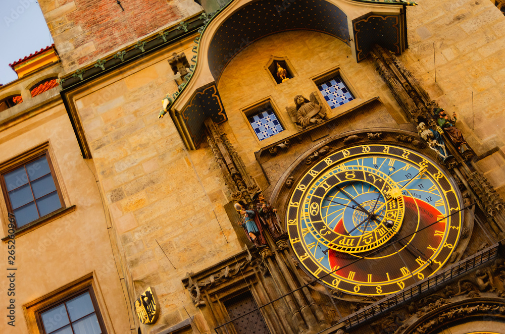 Historic landmark Astronomical Clock on the tower in Prague. Tourist popular place in the Czech Republic