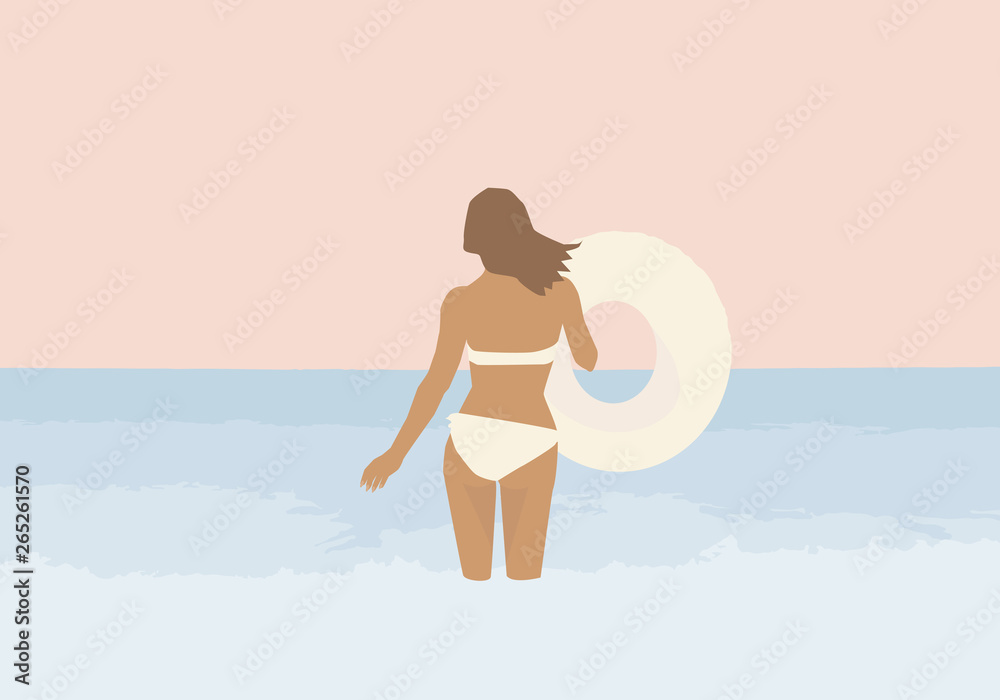 Girl in a swimsuit with an inflatable ring on the sea background.
