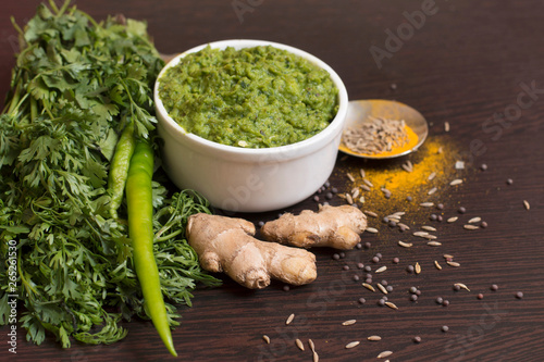 Фотография Green chili thecha or chutney with ingredients served in a bowl