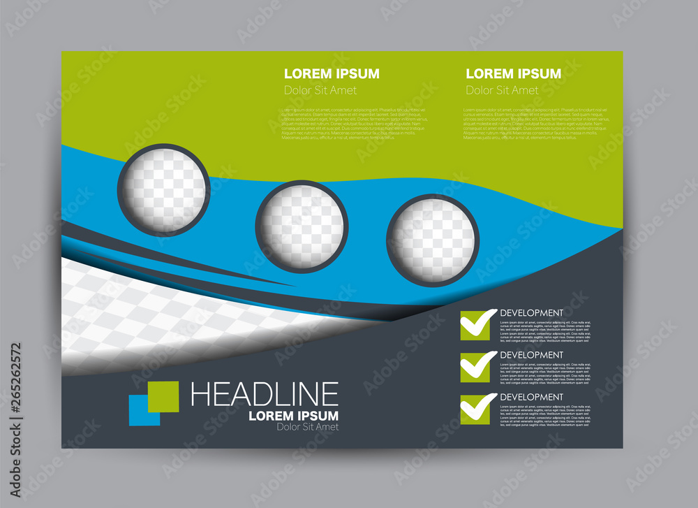 Landscape wide flyer template. Billboard banner abstract background design. Business, education, presentation, advertisement concept. Blue and green color. Vector illustration.