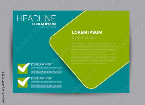 Landscape wide flyer template. Billboard banner abstract background design. Business, education, presentation, advertisement concept. Green color. Vector illustration.
