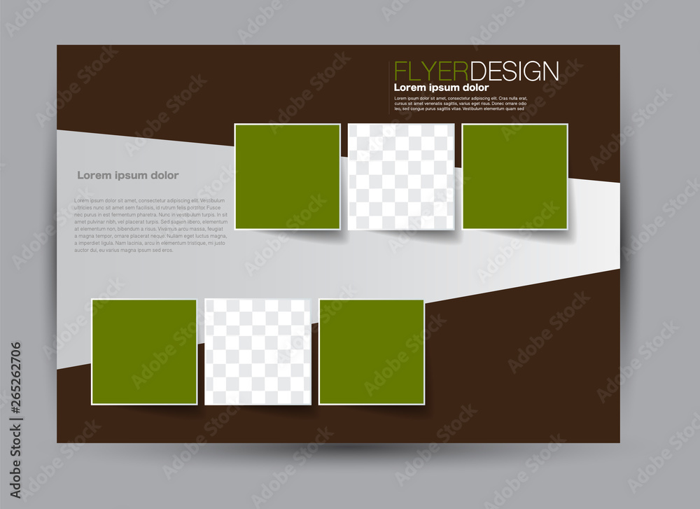 Fototapeta premium Landscape wide flyer template. Billboard banner abstract background design. Business, education, presentation, advertisement concept. Brown and green color. Vector illustration.