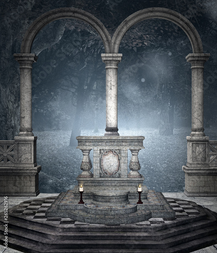 Ancient altar in the blue forest – 3D illustration photo