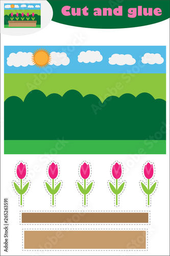Flowers in the garden cartoon, education game for the development of preschool children, use scissors and glue to create the applique, cut parts of the image and glue on the paper, vector illustration
