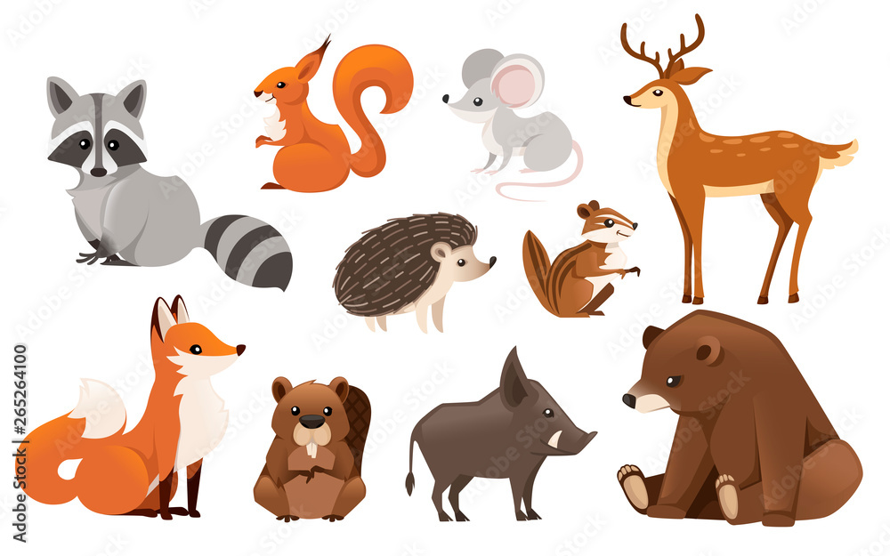 Forest animal set. Colored animal icon collection. Predatory and herbivorous mammals. Flat vector illustration isolated on white background
