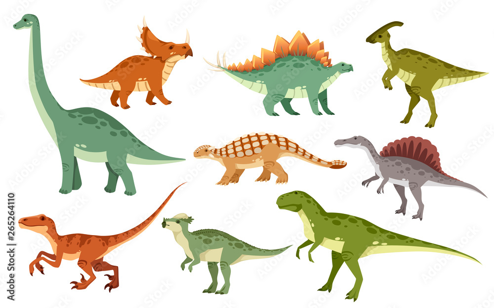 Naklejka Zestaw dinozaurów kreskówek. Kolekcja ikona słodkie dinozaury. Kolorowe drapieżniki i zwierzęta roślinożerne. Płaskie wektor ilustracja na białym tle