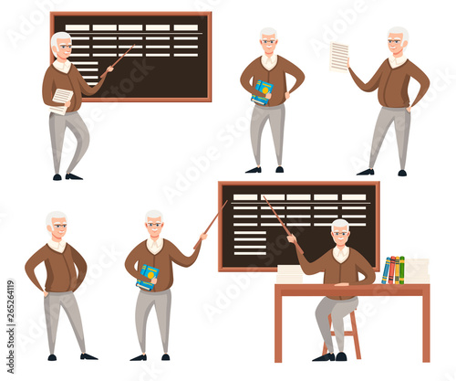 Senior teacher set, professor sits by the table. Pointer with blackboard. Books and list on wooden table. Cartoon character design. Flat vector illustration isolated on white background