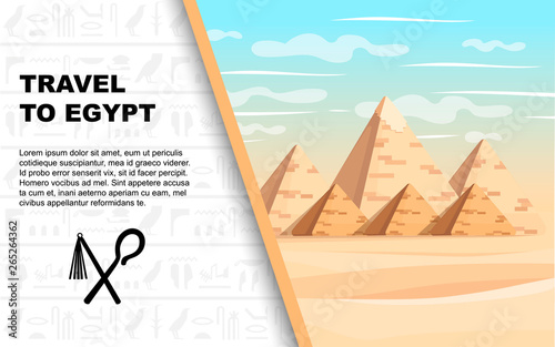 Giza pyramid complex. Egyptian pyramids daytime wonder of the world great pyramid of giza Flat vector illustration with place for text. Advertising flyer or greetings card design