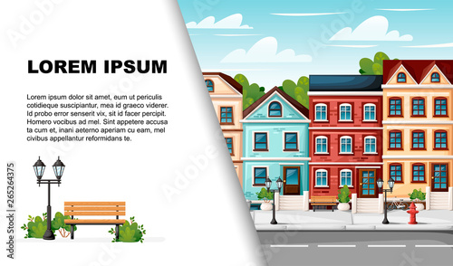 Street with colorful houses fire hydrant lights bench red mailbox and bushes in vases cartoon style. Flat vector illustration with place for text. Advertising flyer or greetings card design
