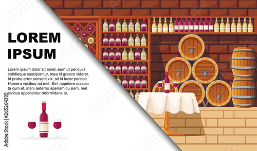 Wine cellar with shelves, barrels and table. Flat vector illustration. Flat vector illustration with place for text. Advertising flyer or greetings card design